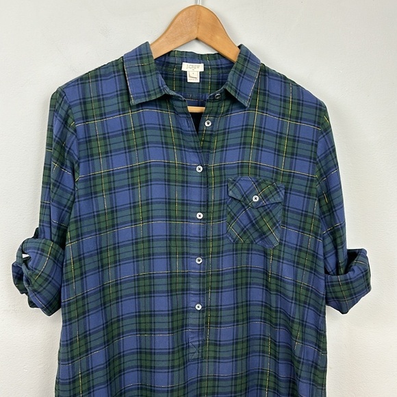 J. Crew Style Navy Blue & Dark Green Gold thread Plaid Popover Tunic Shirt Sz S - Picture 2 of 8
